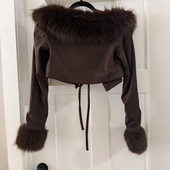 NWT For Love & Lemons Esme Faux Suede Fur Trim Cropped Bolero Jacket Brown Small - Picture 4 of 4